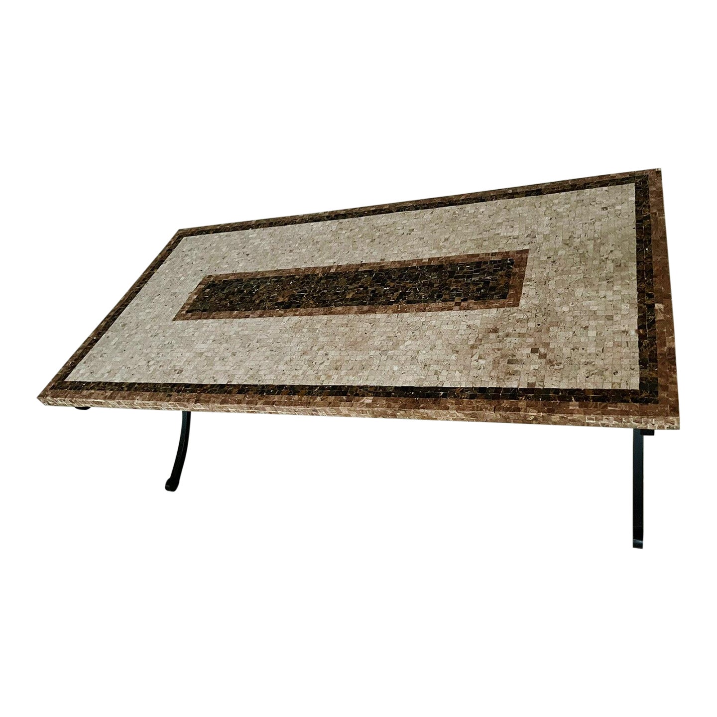 Arhaus Travertine Marble Mosaic Coffee Table Wrought Iron Base | Chairish