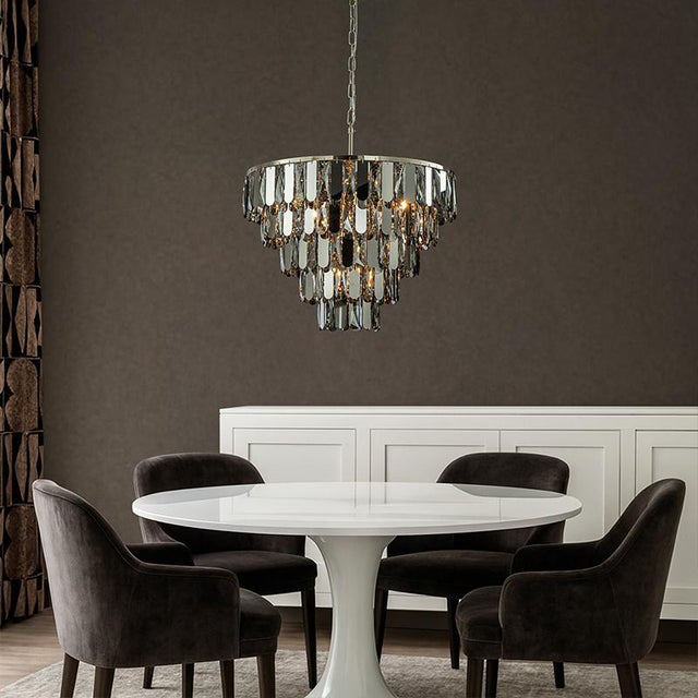 2020s Aloadecor 6-Light Dimmable 5-Tier Smoked Crystal Chandelier 22" Modern Pendant Light Fixture With Polished Nickel Finish and Stainless Steel Accents For Sale - Image 5 of 6