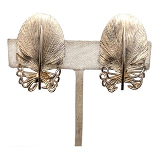Vintage Signed Napier Goldtone Over Sterling Feather Clip Earrings-2 Pieces For Sale
