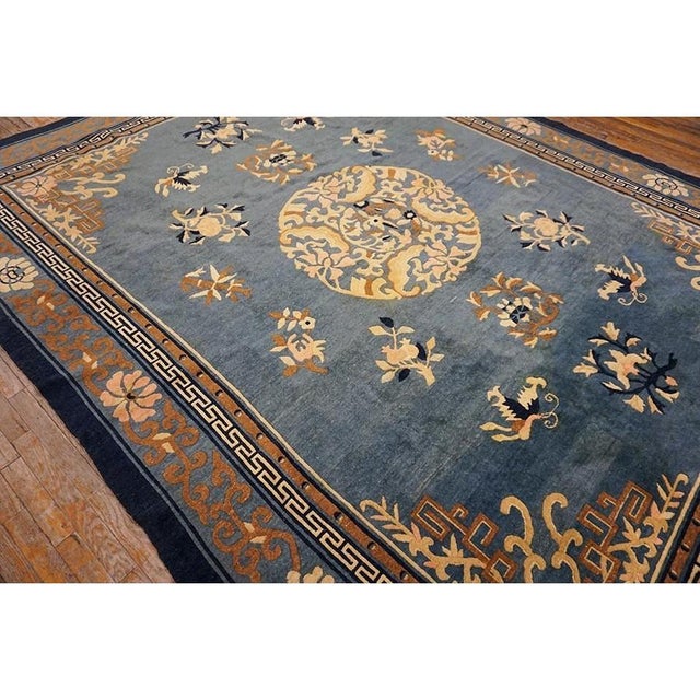 Wool Room Size Antique Medallion Chinese 1880s Knotted Rectangle Blue Peking Rug For Sale In New York - Image 6 of 9