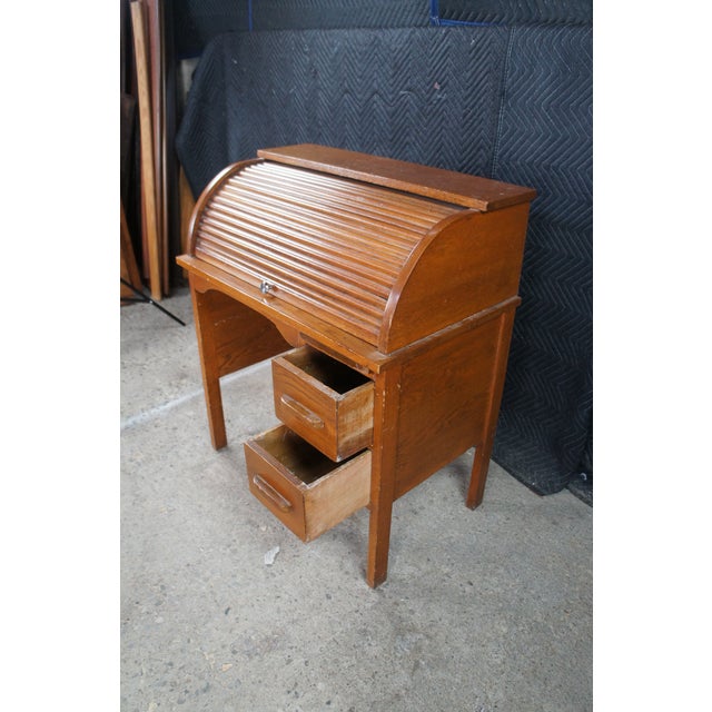 Antique Victorian Oak Childs Cylinder Roll Top Library Writing School Desk Table For Sale - Image 6 of 12