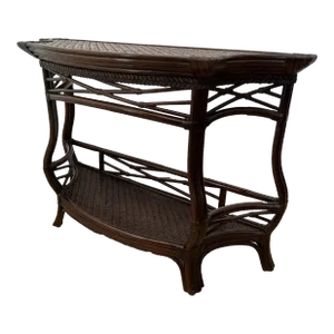 Vintage Bamboo Rattan Demilune Console Sofa Table Retro 1970s Bottom Shelf
