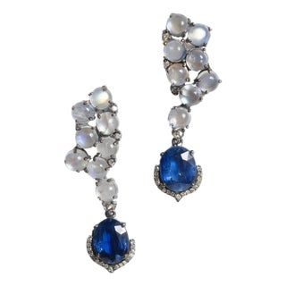 1990s Pair of Rainbow Moonstone, Kyanite and Diamond Drop Earrings For Sale