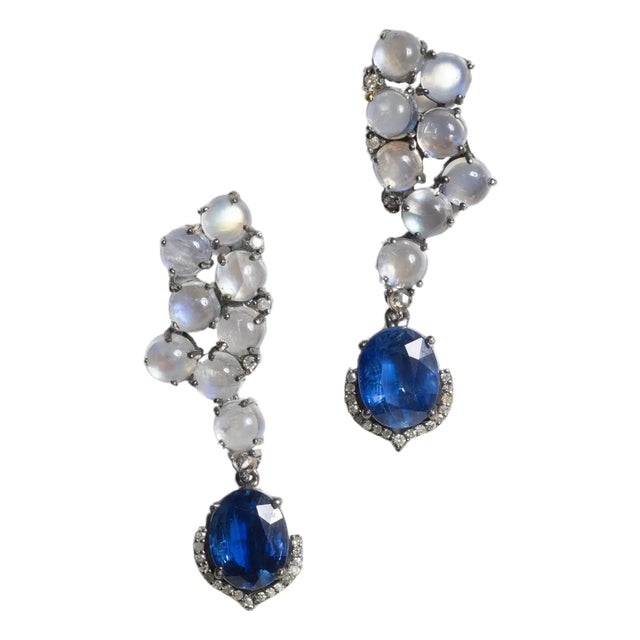 1990s Pair of Rainbow Moonstone, Kyanite and Diamond Drop Earrings For Sale