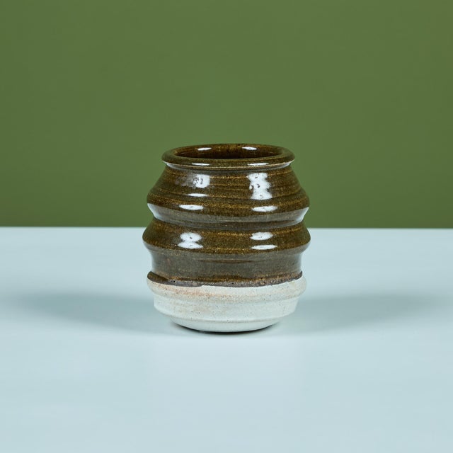 Ribbed Stoneware Vessel with Two-tone Glaze For Sale - Image 4 of 11