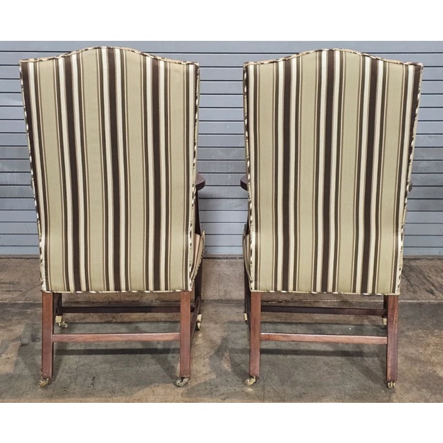Brown Mid 20th Century Share Pair of Kittinger Williamsburg Mahogany Martha Washington Arm Chair Cw13 Silk For Sale - Image 8 of 10