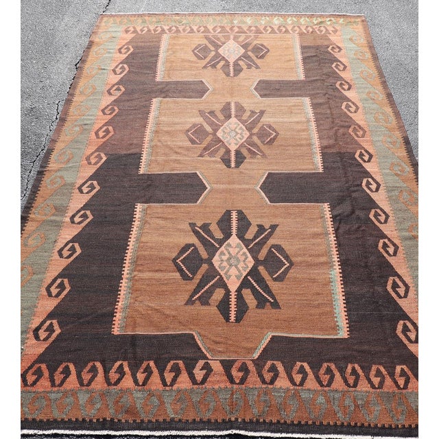Vintage Turkish Kars Kilim With Bold Medallions in Warm Brown, Orange, and Sage For Sale - Image 4 of 13