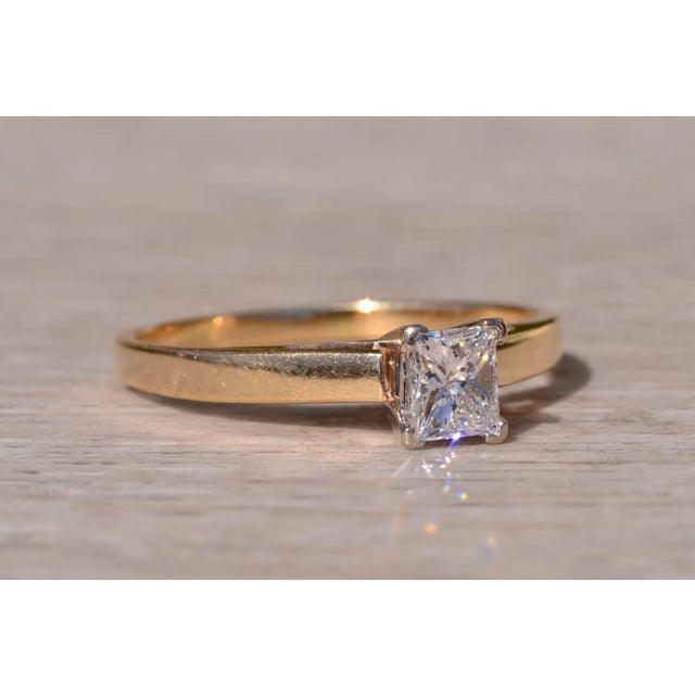 Metal The Mentone: Signed Yellow Gold Solitaire Engagement Ring with Princess Cut Natural Diamond For Sale - Image 7 of 10