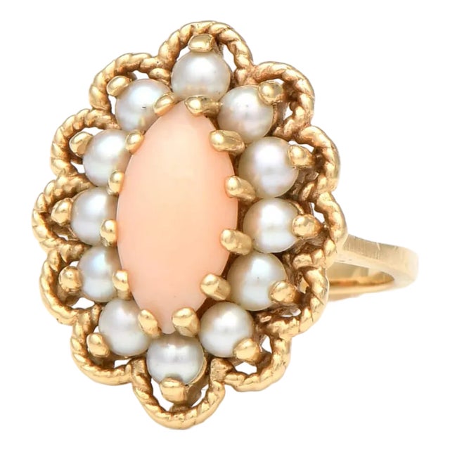 14KY Mid Century Modern Coral & Seed Pearl Ring, size 4 For Sale