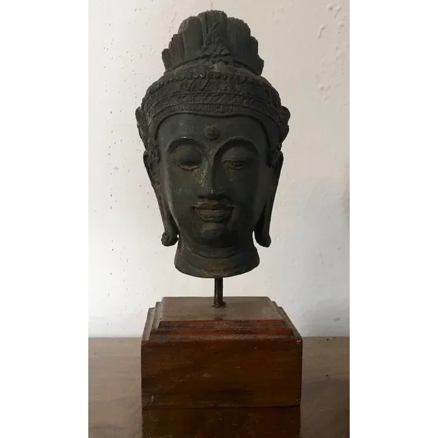 Chinese Antique Bronze Bust of Buddha Mounted on a Wood Stand For Sale - Image 3 of 11