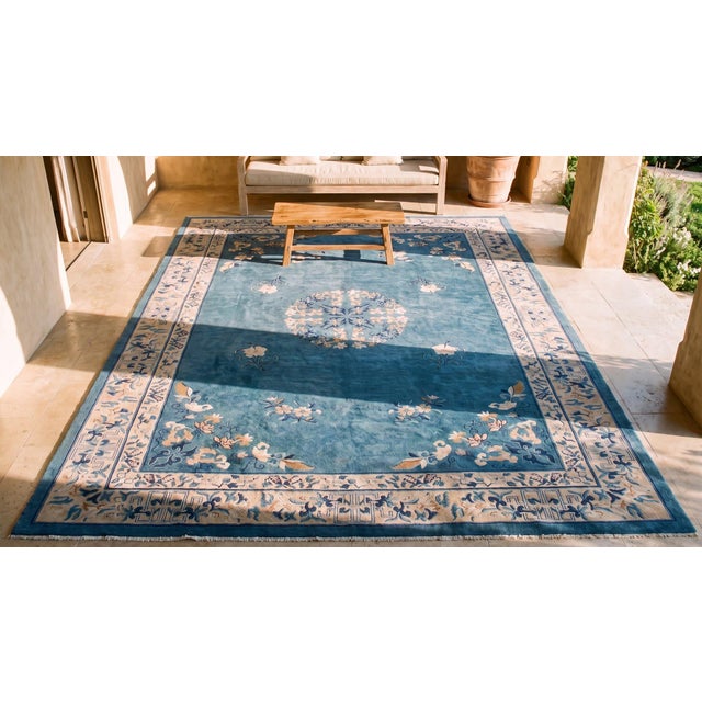 Astonishing Royal Blue Background Color With Pretty Floral-Medallion Design Antique Chinese Rug For Sale - Image 14 of 14