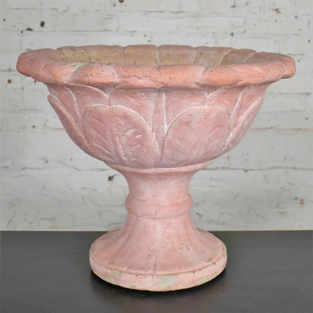 Pink Antique Salmon Red Concrete Garden Urn Planter For Sale - Image 8 of 13