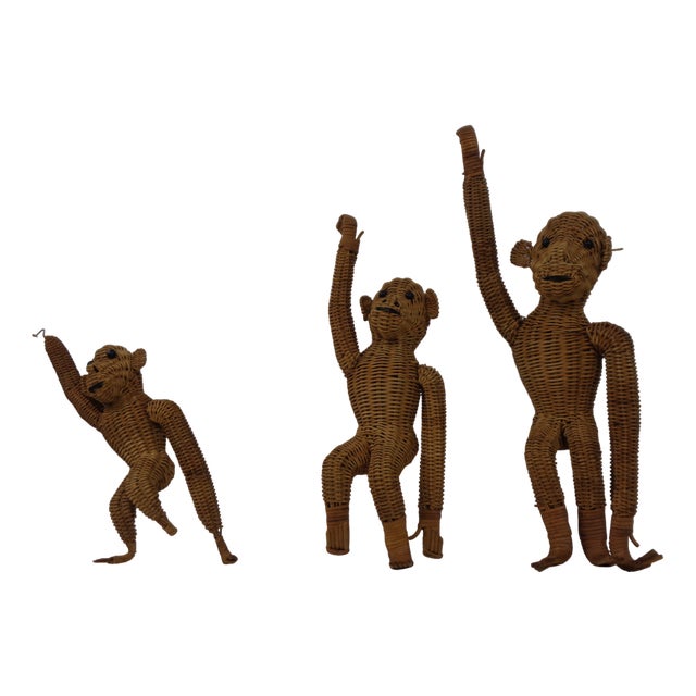 French Handmade Wicker Monkeys, 1960s, Set of 3 For Sale