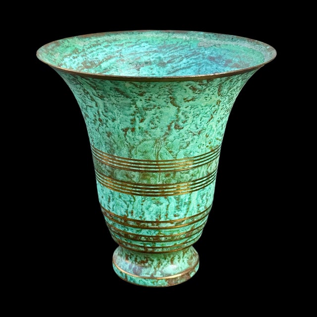 Art Deco Vintage Carl Sorensen Art Deco Verdigris Bronze Trumpet Vase With Gilt Rings For Sale - Image 3 of 8