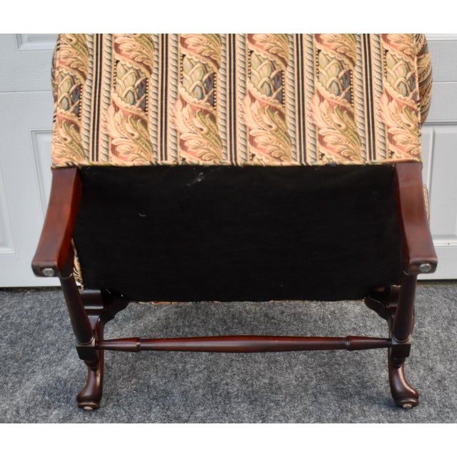 Vintage Queen Anne Wingback Chair Mahogany Cabriole Leg Striped Tapestry Floral For Sale - Image 15 of 15