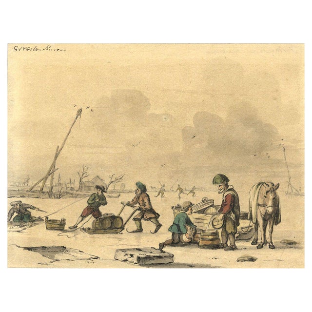 After Vermeulen, Winter Skating Scene, 1700, Watercolour For Sale