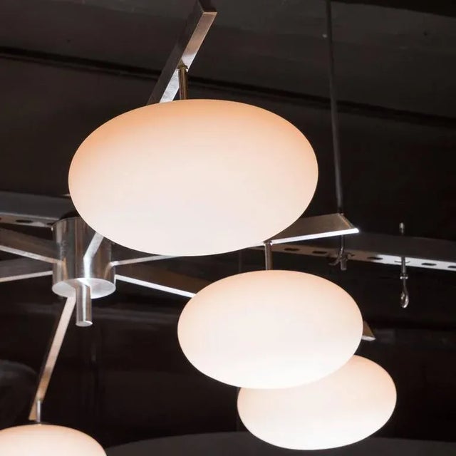 Mid-Century Modern Satin Nickel Six-Arm Globe Flush Mount Chandelier For Sale - Image 3 of 11