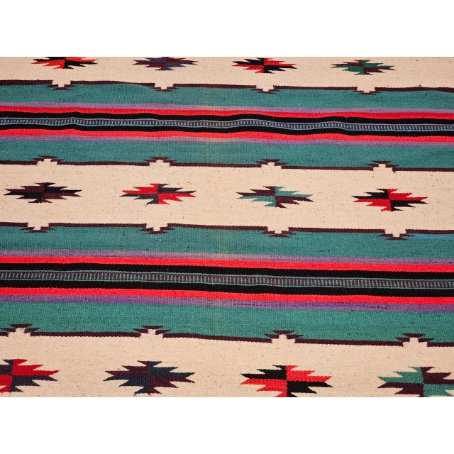 Vintage American Southwestern Kilim, Handwoven Wool, Stripe Pattern, Ivory & Green, 4’ X 8’ For Sale In Chicago - Image 6 of 12