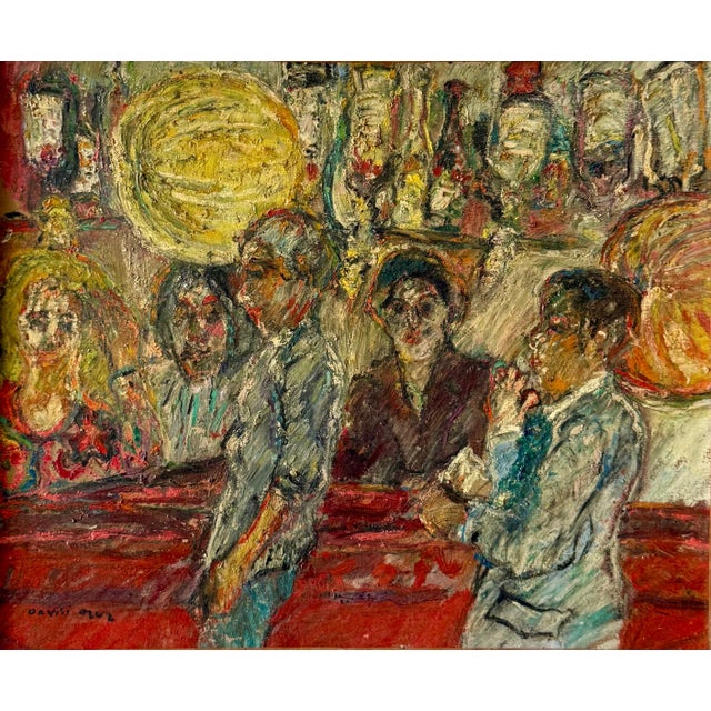 Modern David Azuz, Israeli French David Azuz Naive Oil Painting Paris Bar Scene Colorful Fauvist, 1975 For Sale - Image 3 of 13