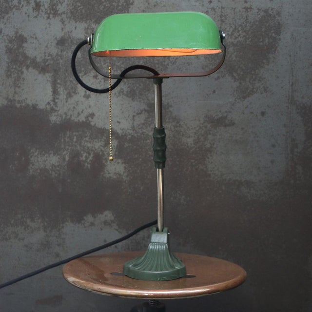 1950s Vintage Industrial Green Enamel Banker Light For Sale - Image 5 of 8