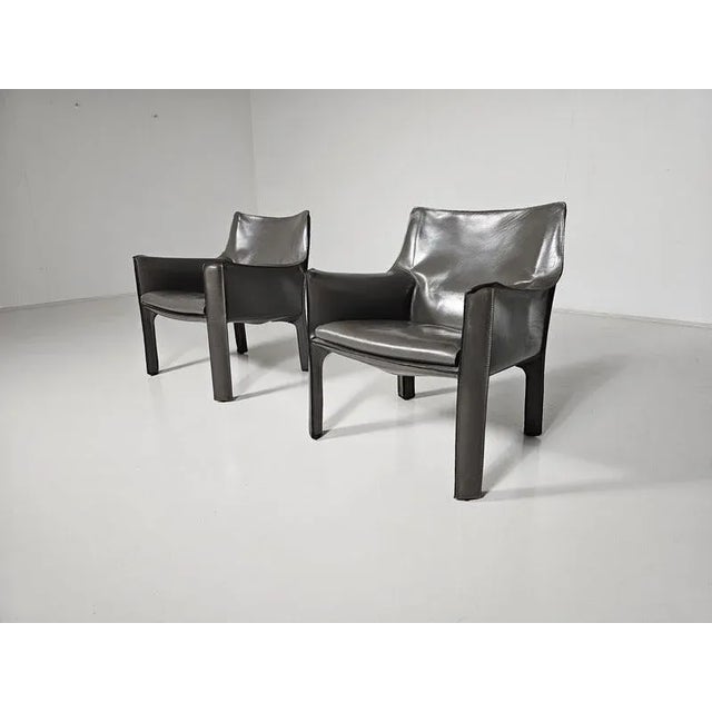 Cassina Cab-414 Armchairs in Grey Leather by Mario Bellini for Cassina, 1980s, Set of 2 For Sale - Image 4 of 11