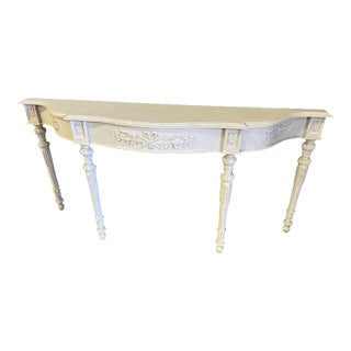 1960s French Louis XVI Painted Grey 71" Long Console With Carvings of Leaves Bow and Quiver For Sale