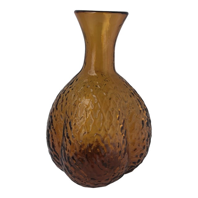 1960s Blenko Art Glass Joel Myers Amber Brain Carafe / Decanter Bottle For Sale