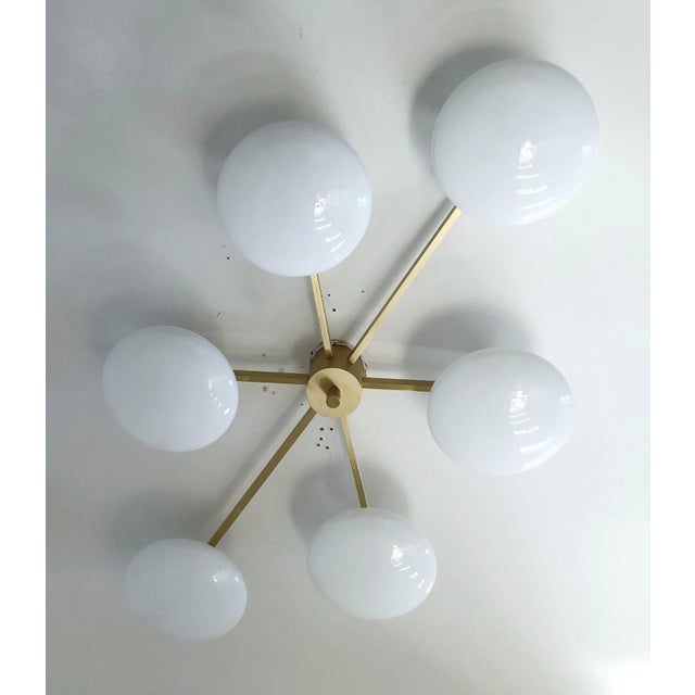 Mid-Century Modern Angelo Satin Brass Glossy White Glass Flush Mount by Fabio Ltd For Sale - Image 3 of 8