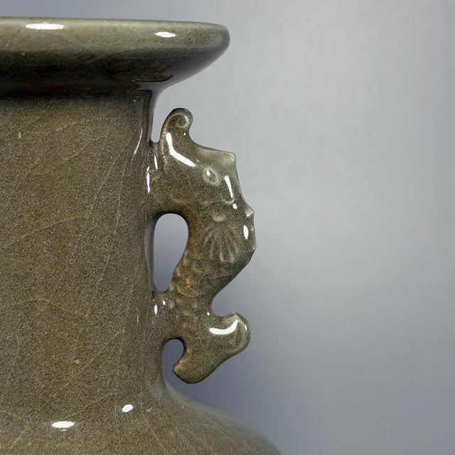 19th Century Antique Chinese Longquan Celadon Vase With Twin Fish-Dragon Handles For Sale - Image 5 of 9