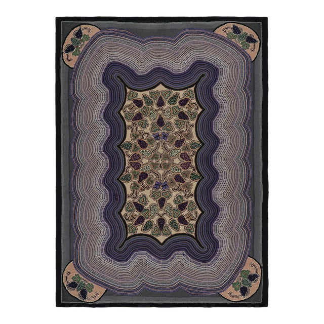Antique Hooked Rug in Purple With Floral Patterns, From Rug & Kilim For Sale