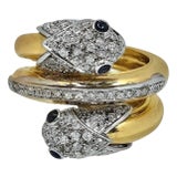 Italian Diamond Encrusted Two Headed Snake Ring With Cabochon Sapphire Eyes, size 7 For Sale