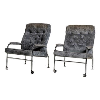 Scandinavian Velvet and Steel Lounge Chairs, 1970s, Set of 2 For Sale