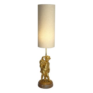 Vintage Italian Rococo Style Gilded Putti Lamp on Pink Onyx Base, 1950s For Sale