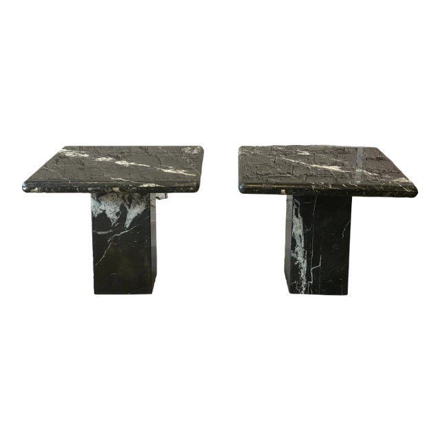 1980s Vintage Nero Marquina Black Marble Postmodern Side Tables - A Pair For Sale