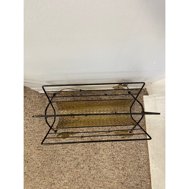 Mid-Century Modern Black Wrought Iron and Brass Toned Magazine Rack With Leaf Motif. For Sale In Seattle - Image 6 of 7