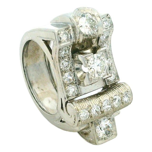 Vintage Platinum Diamond Cocktail Ring, 3 Carats Total, 1940s, Size 6.5 For Sale