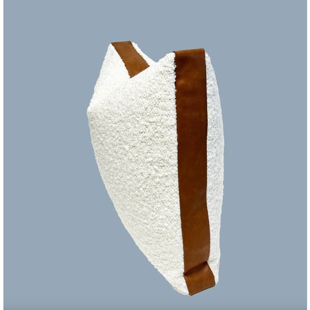 Textile Off White Boucle & Brown Leather Box Throw Pillow With Feather Down Insert For Sale - Image 7 of 7