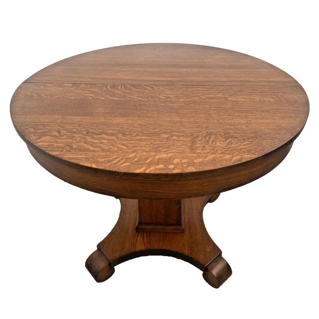 Round Pedestal Expanding Dining Table Antique Arts & Crafts Quarter-Sawn Oak For Sale - Image 9 of 15