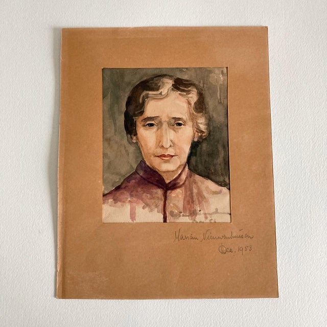 1950s 1953 Modern Portrait Watercolor Painting of a Woman Wearing a Kimono Jacket For Sale - Image 5 of 10