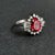 Vintage Faux Ruby Cocktail Ring Pear Baguette Sterling Silver Cubic Zirconia Halo Cluster Size 8 For Sale - Image 4 of 11