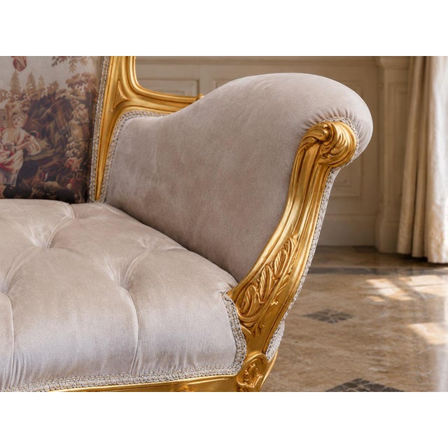 Wood Late20C French Artisan LouisXVI Gold Beige Velvet Settee-1Pc For Sale - Image 7 of 15