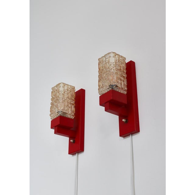 Red Lacquered Wood & Amber Glass Wall Lamps from Vitrika, Denmark, 1970s, Set of 2 For Sale - Image 3 of 17