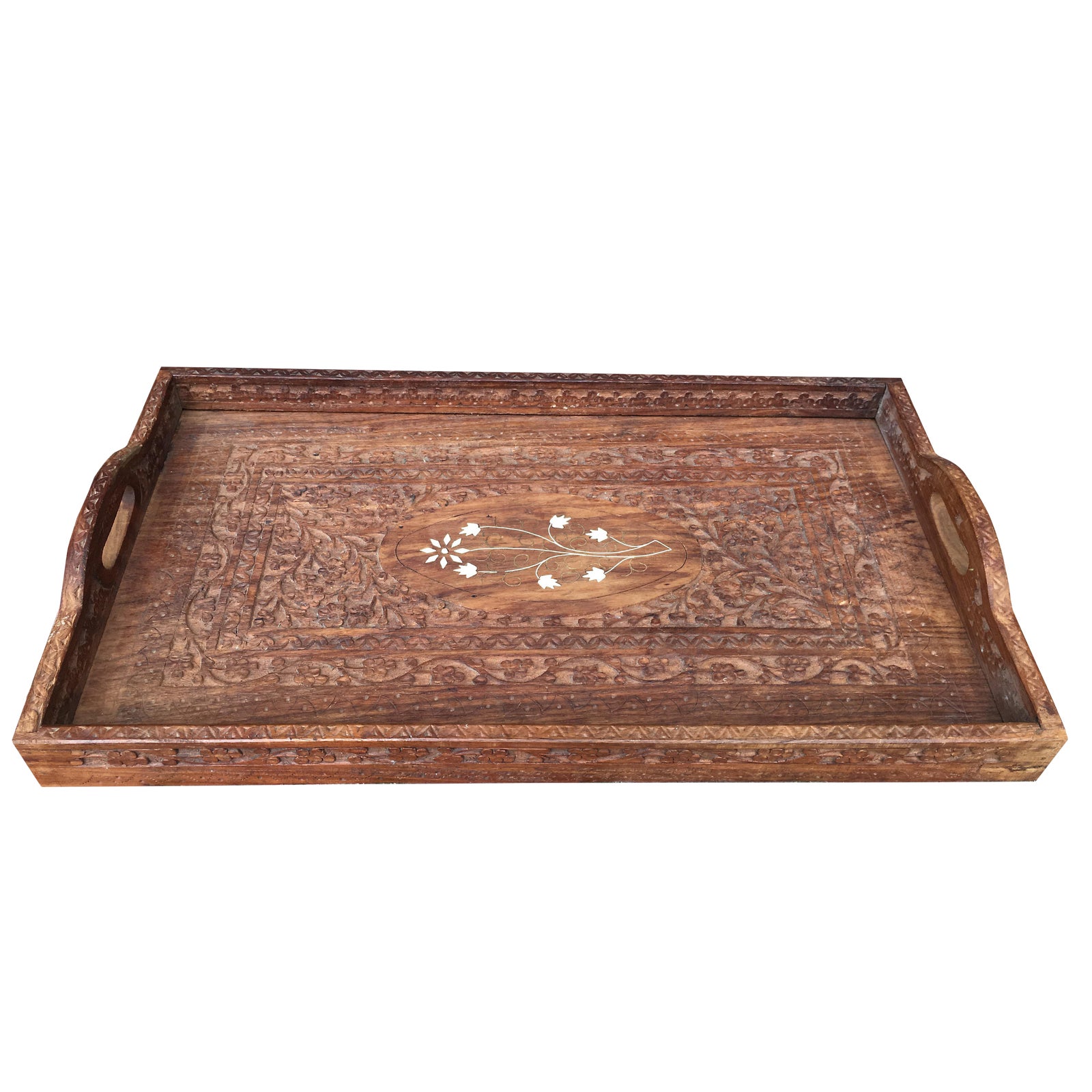 Vintage Indian Artisan Carved & Inlaid Wood Serving Tray Chairish