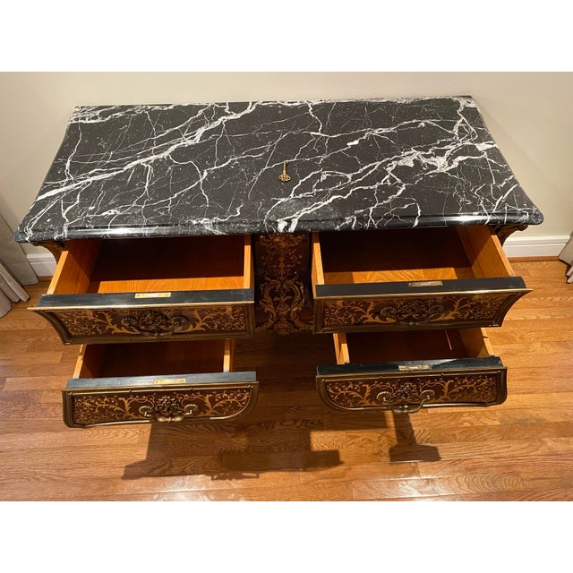 19th Century Antique Louis XV Style Tortoiseshell Boulle Marquetry Commode Console With Marble Top For Sale - Image 4 of 11