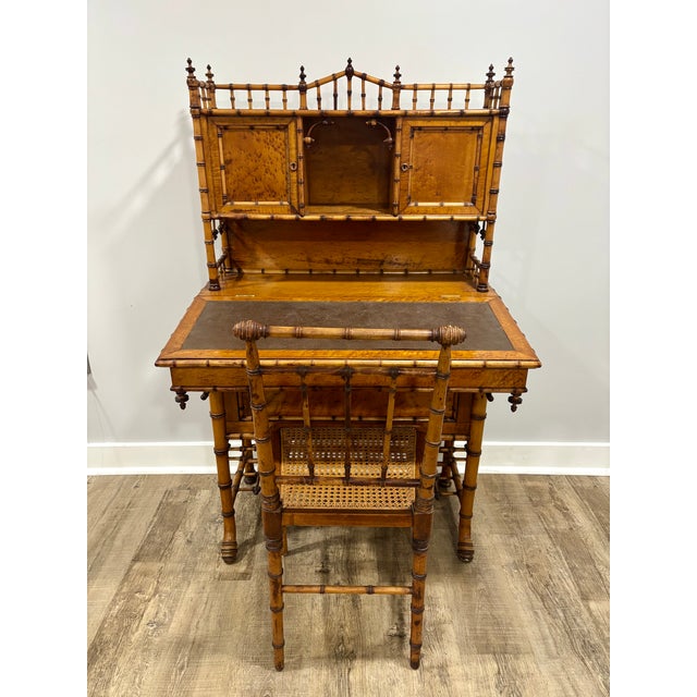 Late 20th Century Aesthetic Movement Faux Bamboo Bird's-Eye Maple Secretary Desk & Original Chair Attributed to r.j. Horner For Sale - Image 16 of 17