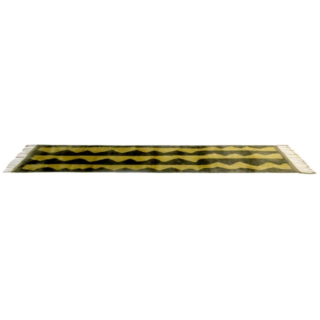 Custom Beni Mrirt runner handwoven in green and charcoal wool in an abstract Berber pattern. Dimenisons: 3' x 10'