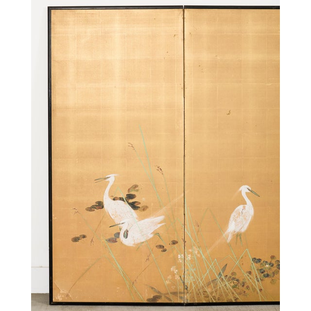 Japanese Mid 20th Century Japanese Showa Two Panel Screen Egrets in Grass For Sale - Image 3 of 18