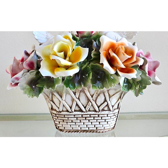 Yellow 1970s Nuova Capodimonte Grand Porcelain Centerpiece With Doves & Roses For Sale - Image 8 of 17