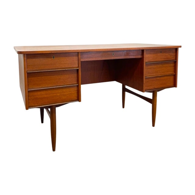 Vintage Mid Century Modern Danish Teak Executive Desk With Rear Bookshelf. For Sale - Image 4 of 13
