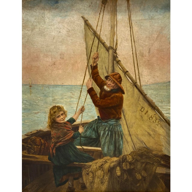 19th Century Georges Jean Marie Haquette "Fishermans Daughter" Original Oil Painting W/Print For Sale In San Francisco - Image 6 of 12